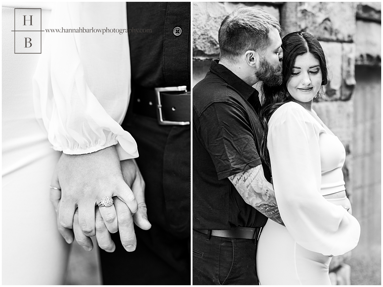 Black and white photos of couple posing for engagement photos in Wheeling, WV