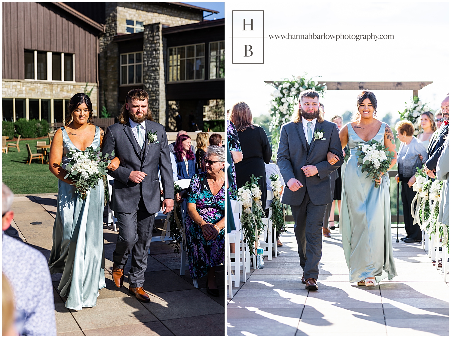 Bridesmaid in pale green dress walks down aisle escorted by groomsman in grey tux.