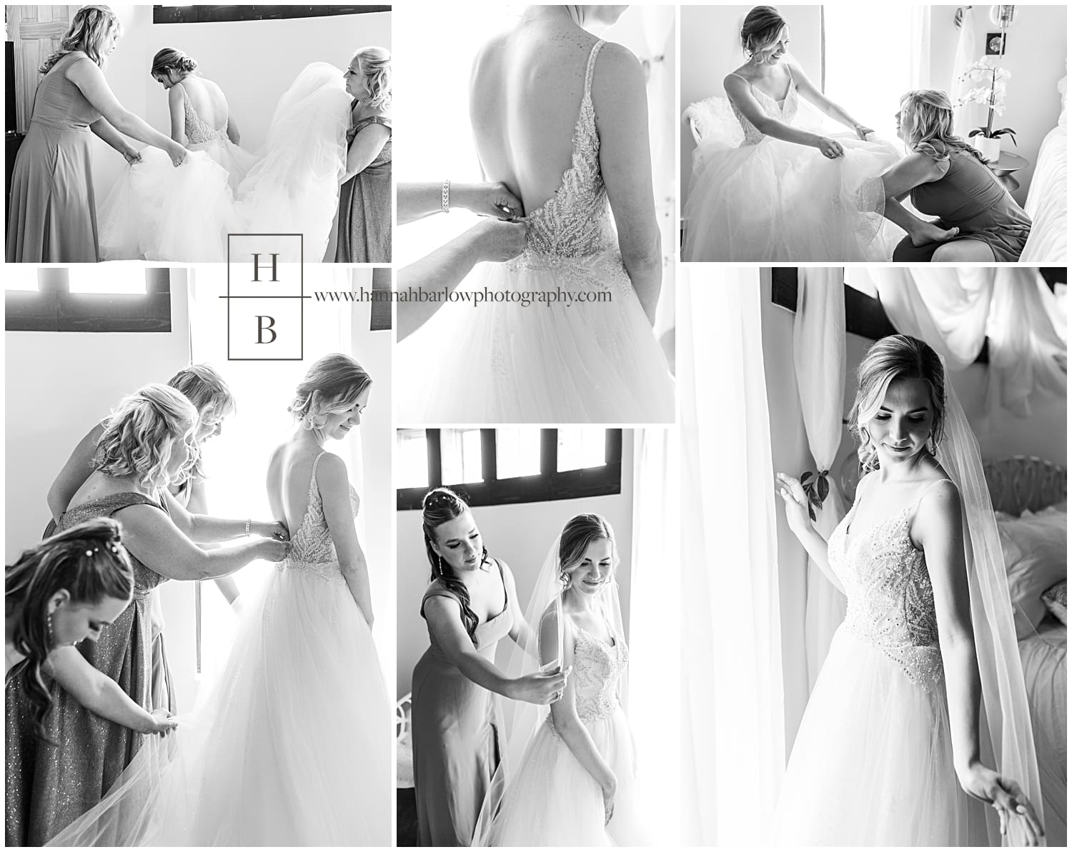 Black and white photos of bride getting at white barn prospect pa