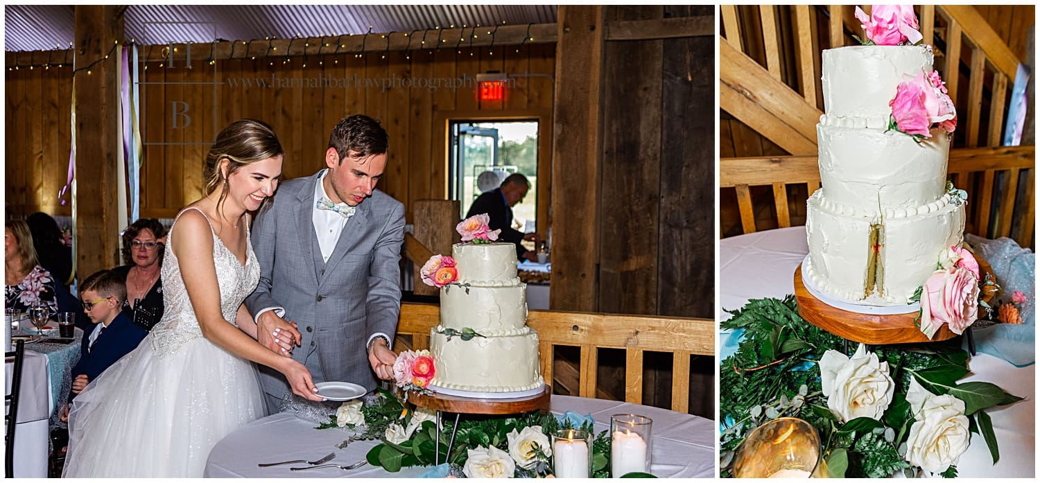 bride and groom cut cake inside barn venue