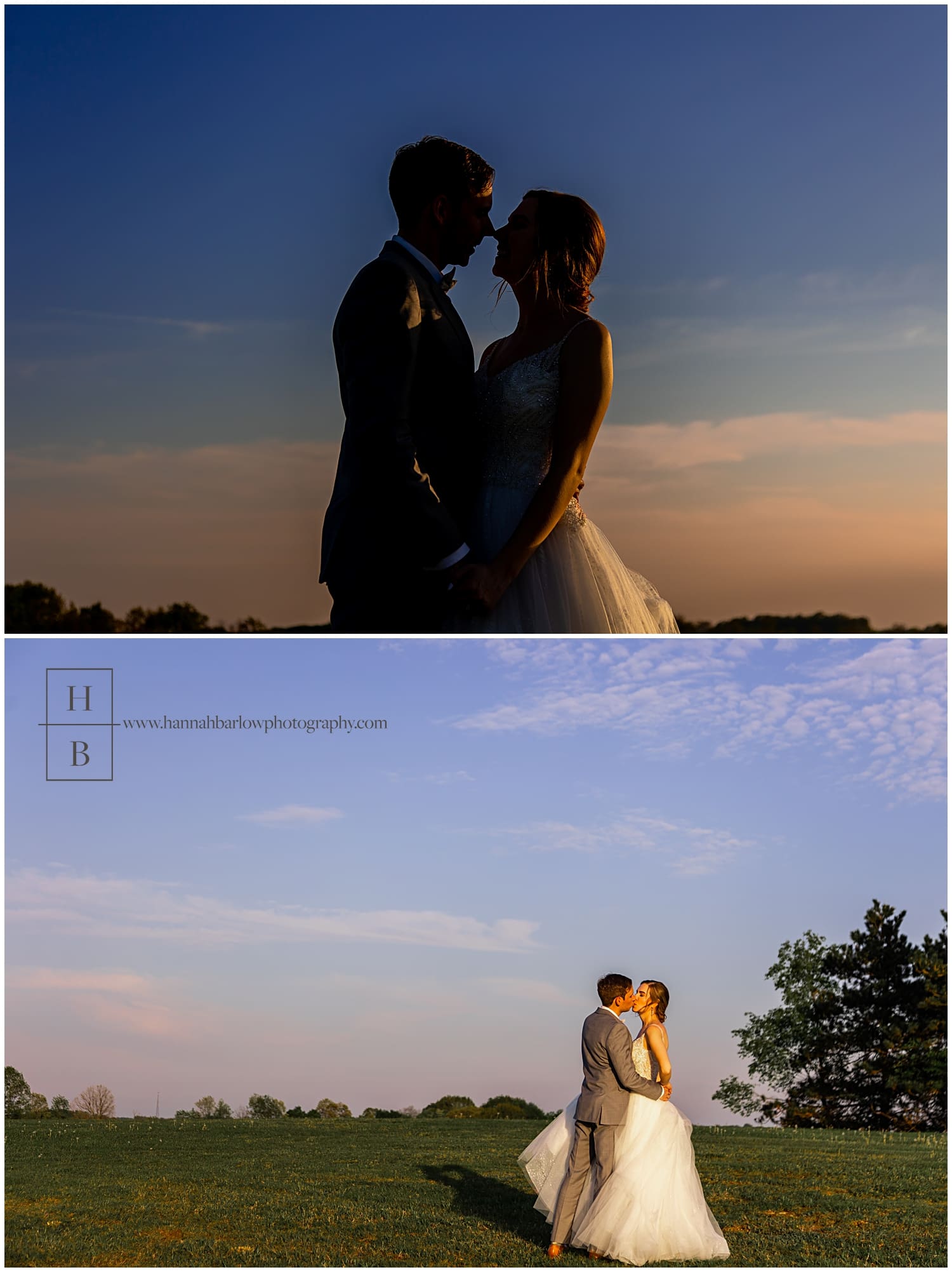 Wedding couples poses during blue and orange sky sunset at White Barn in Prospect PA