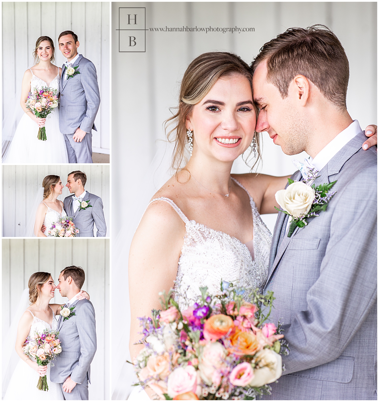 Bride and groom wedding portraits with groom wearing grey tux and bride in white gown holding a mix of spring colored flowers.