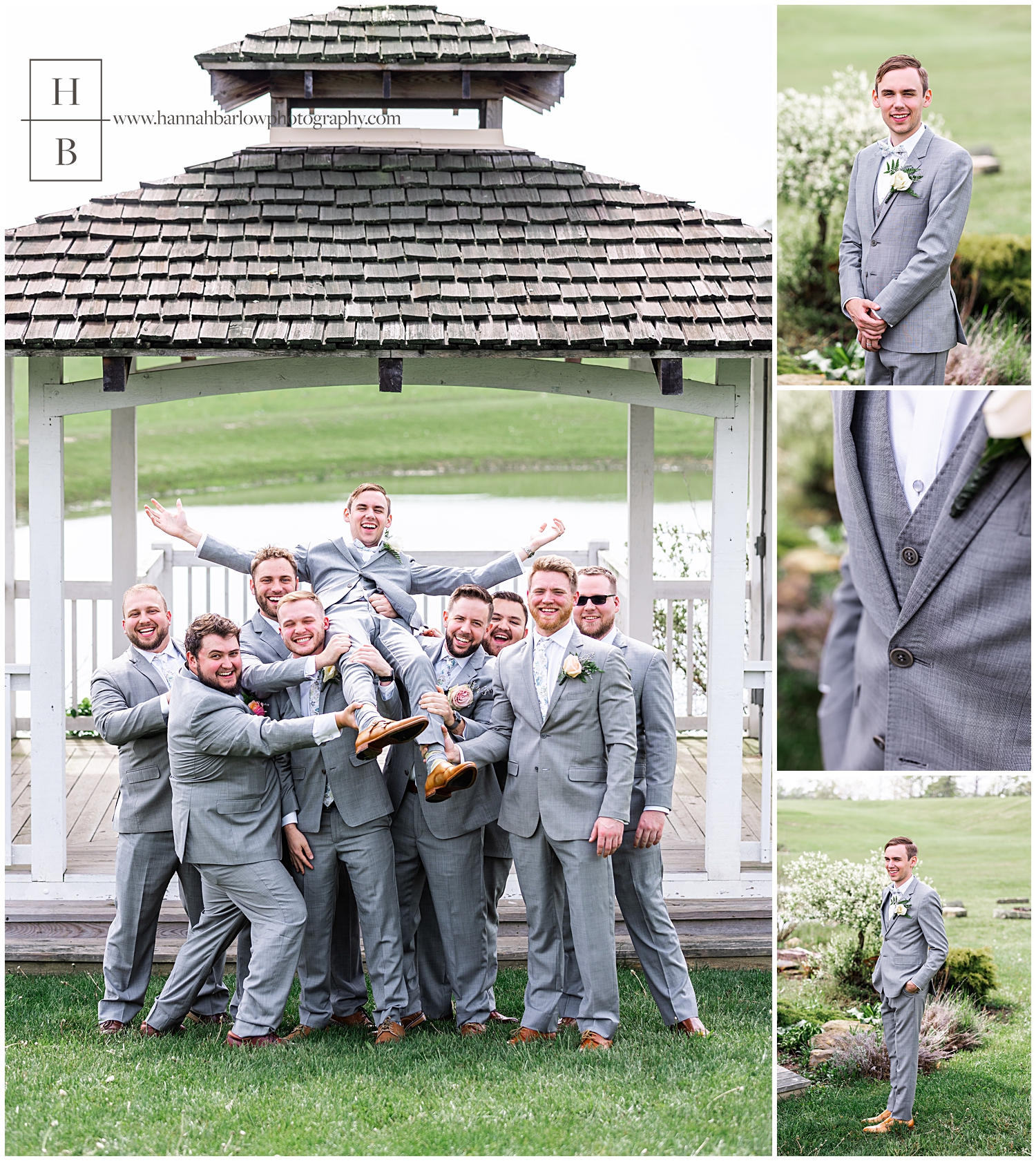 Groom and groomsmen pose for photos in grey tuxes with teal floral ties and bowties.