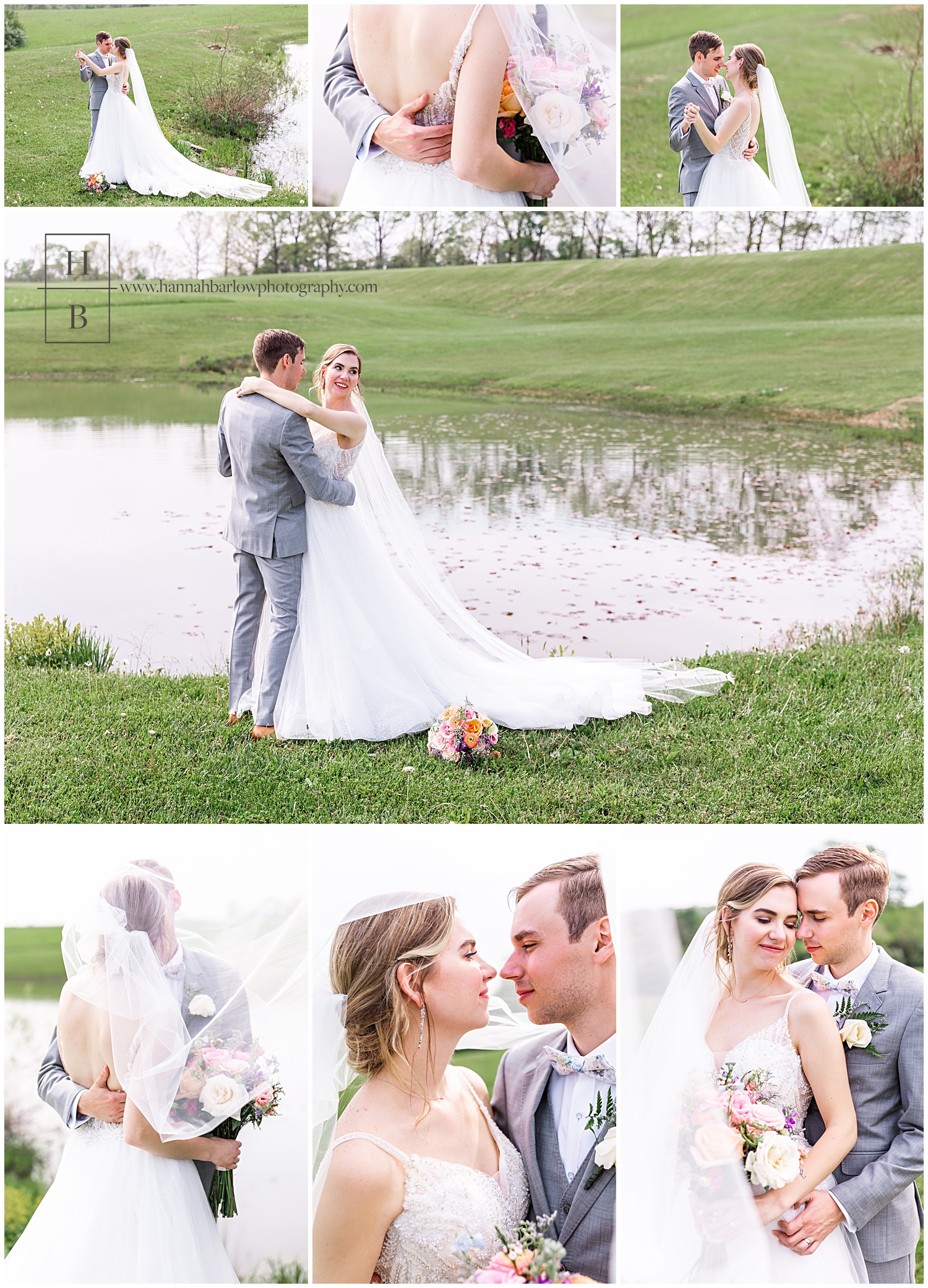 Bride and groom pose for Spring wedding portraits by the lake at the White Barn in Prospect, PA.