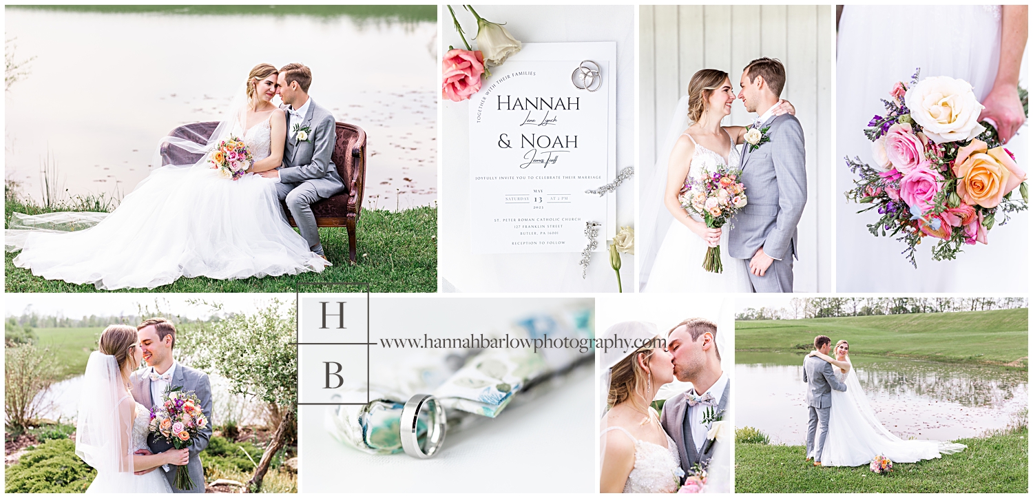 Collage of Spring wedding photos featuring grey tuxes and spring flowers.