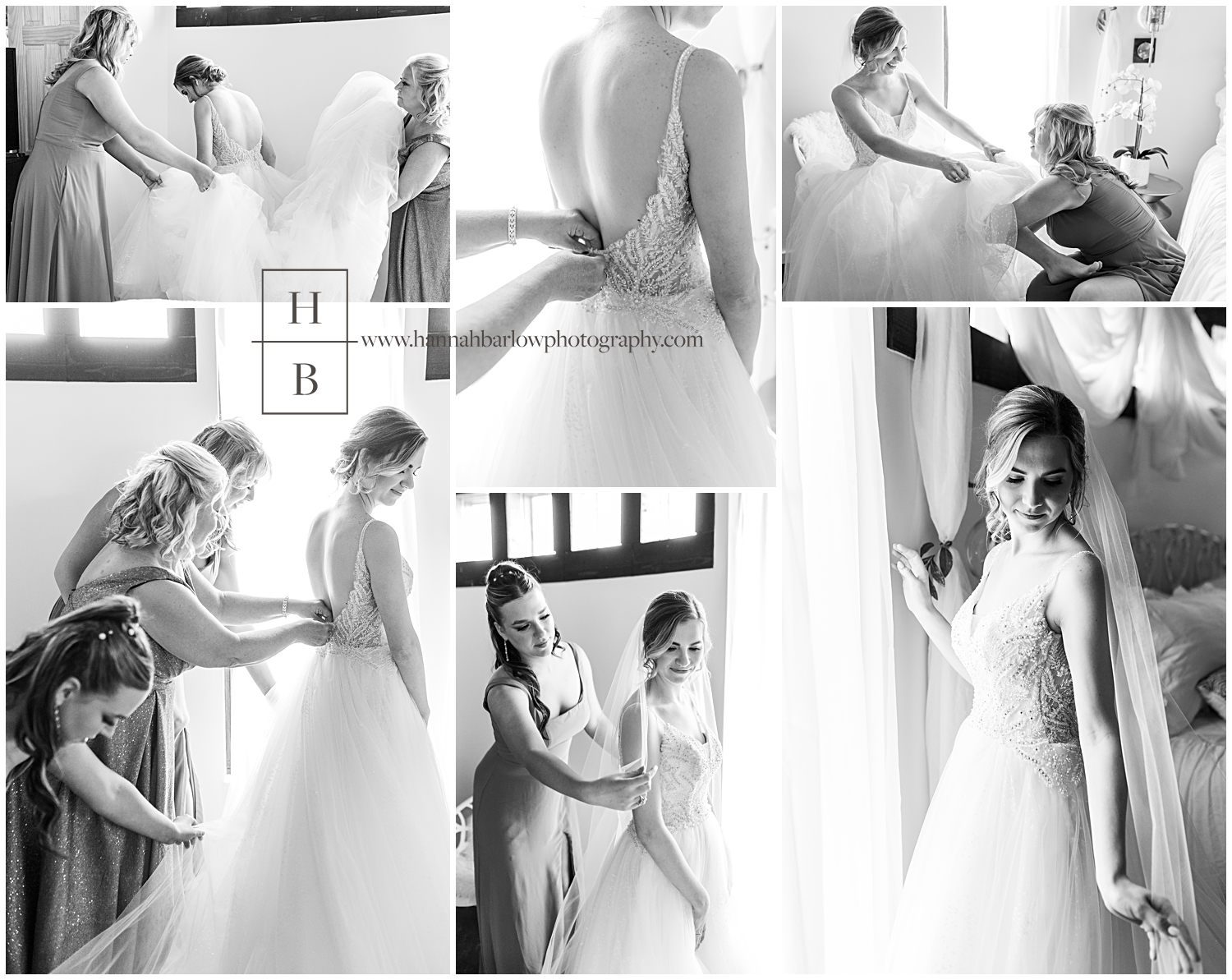 Black and white photos of the bride getting ready with mom and sisters in a bridal suite.