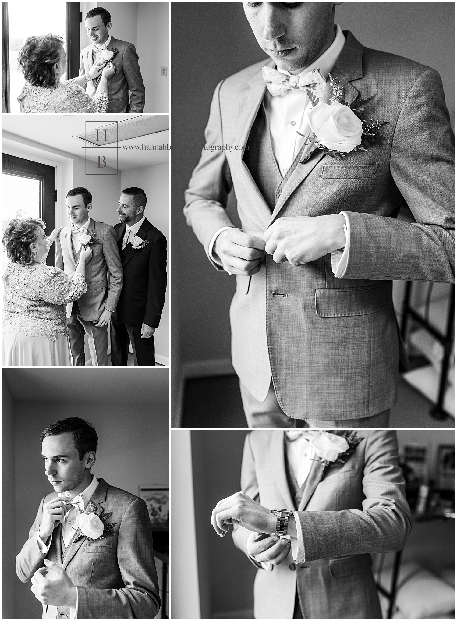 Black and white photos of groom getting ready with help of mom and dad.