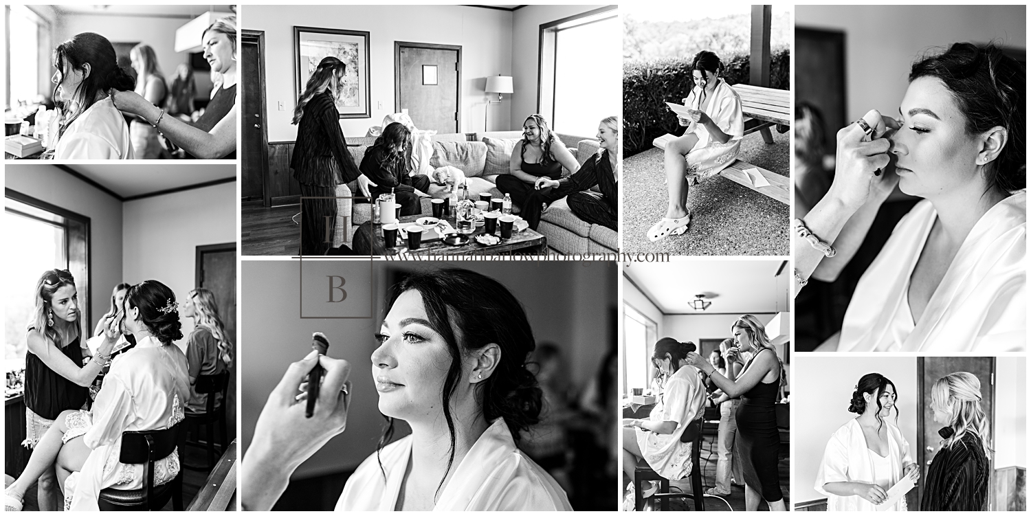 Black and white photos of bride getting hair and makeup done.