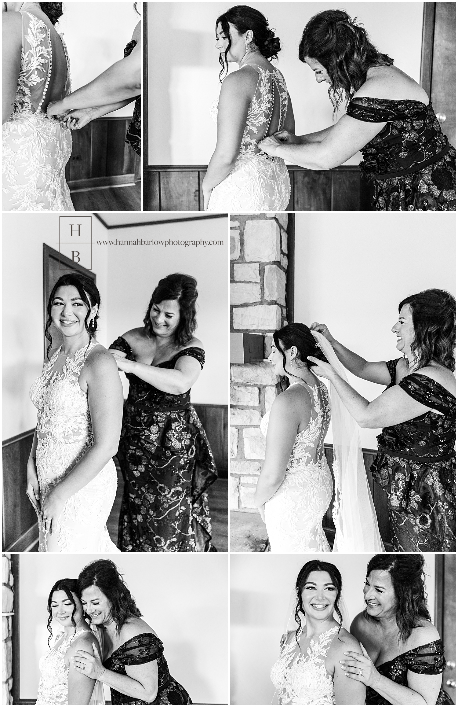 Black and white photos of mom and bride getting dress buttoned and veil on.