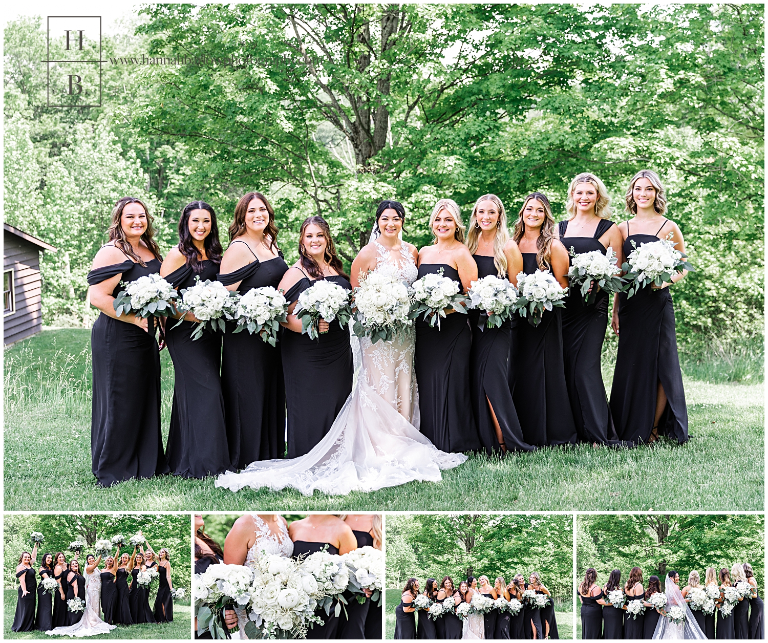 Bridesmaids in black dresses pose with bride for group shots.