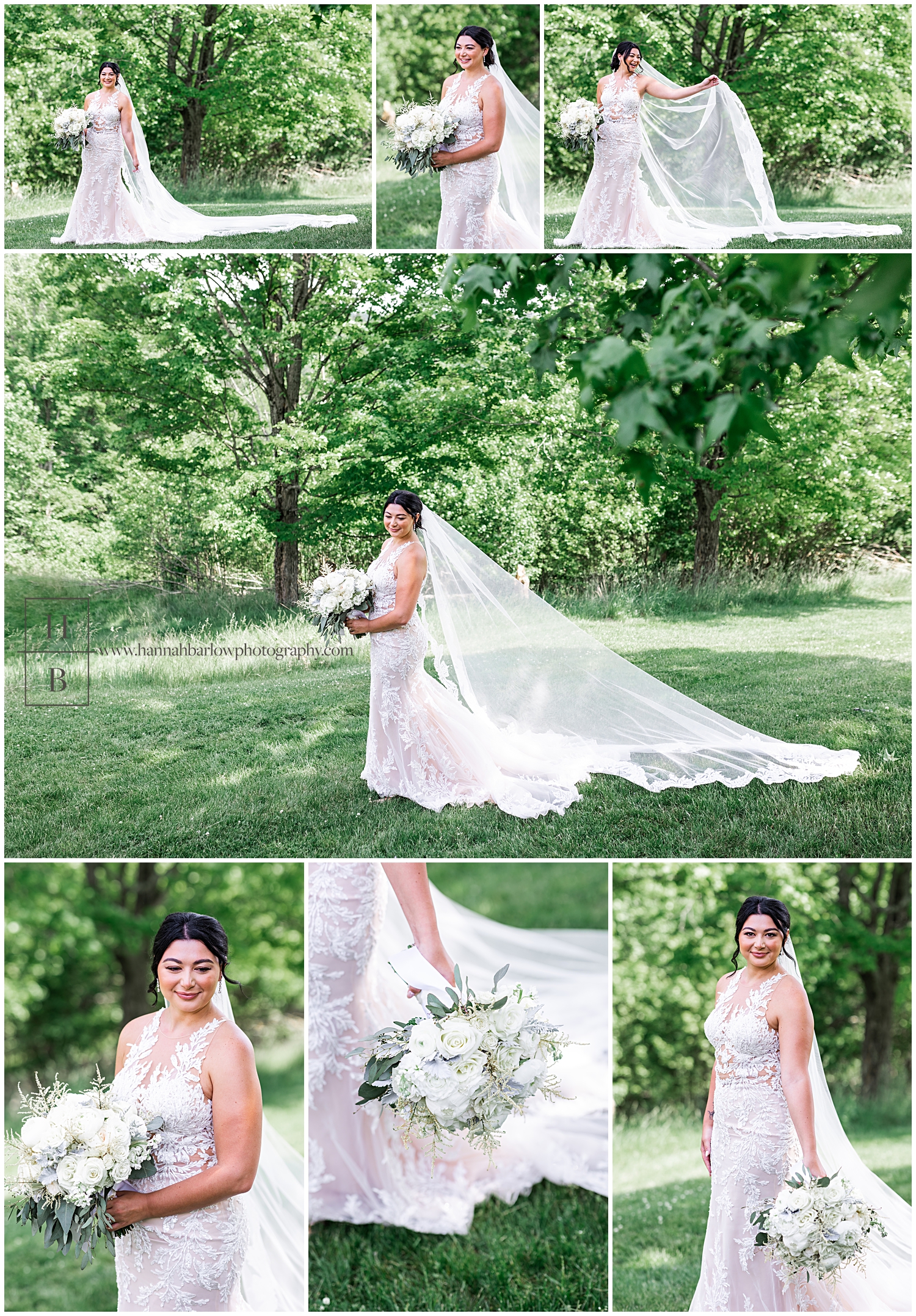 Bride poses with green trees around her for bridal portraits.