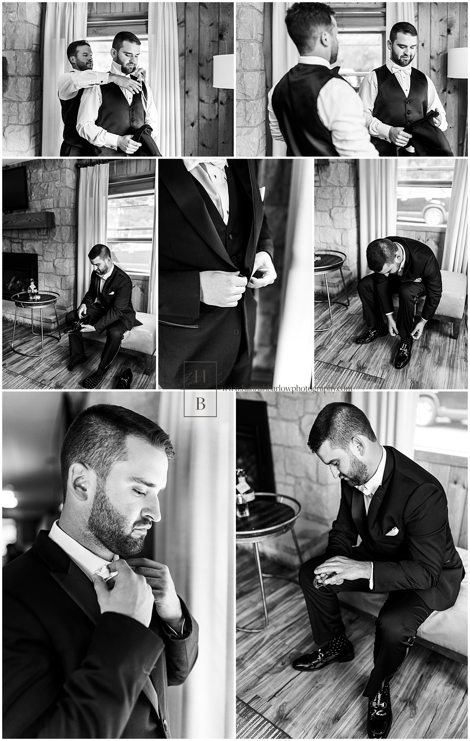 Black and white photo of groom getting ready.