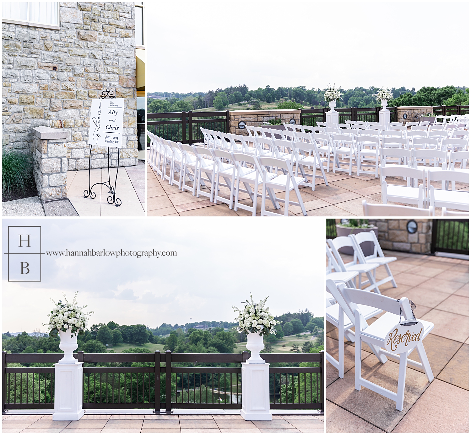 Oglebay West Spa Patio wedding details with white chairs.