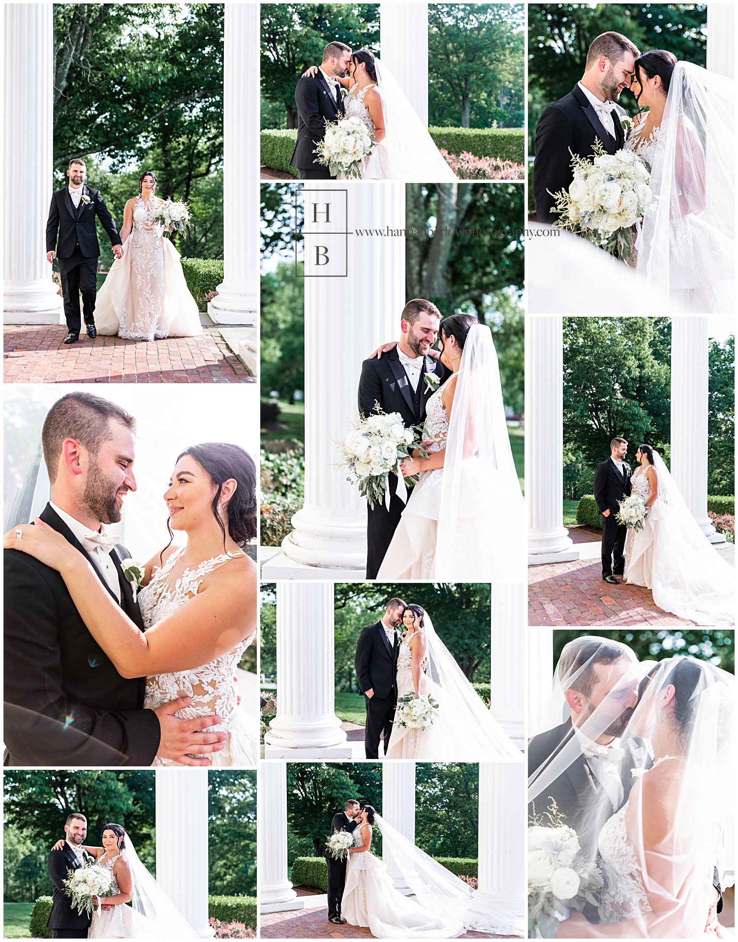 Collage of bride and groom portraits on red brick porch with white pillars at Oglebay.