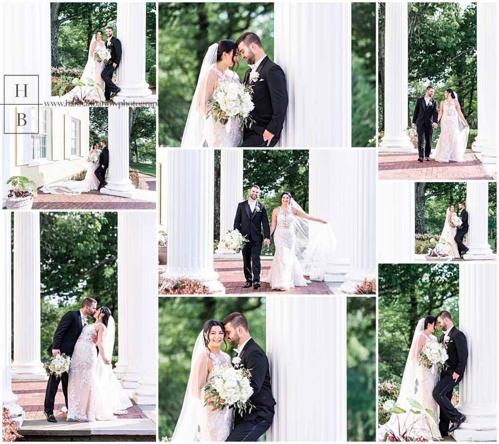 Groom leans on white pillars and embraces bride for wedding photos.