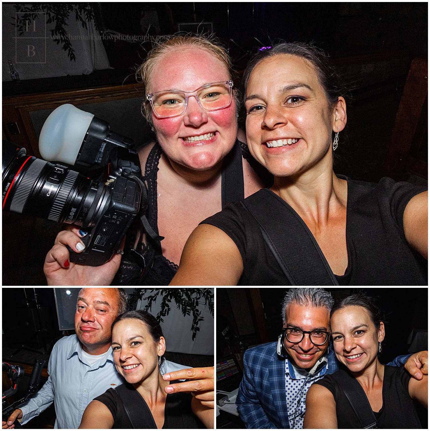 Collage of photographer taking selfies with second photographer and DJ.
