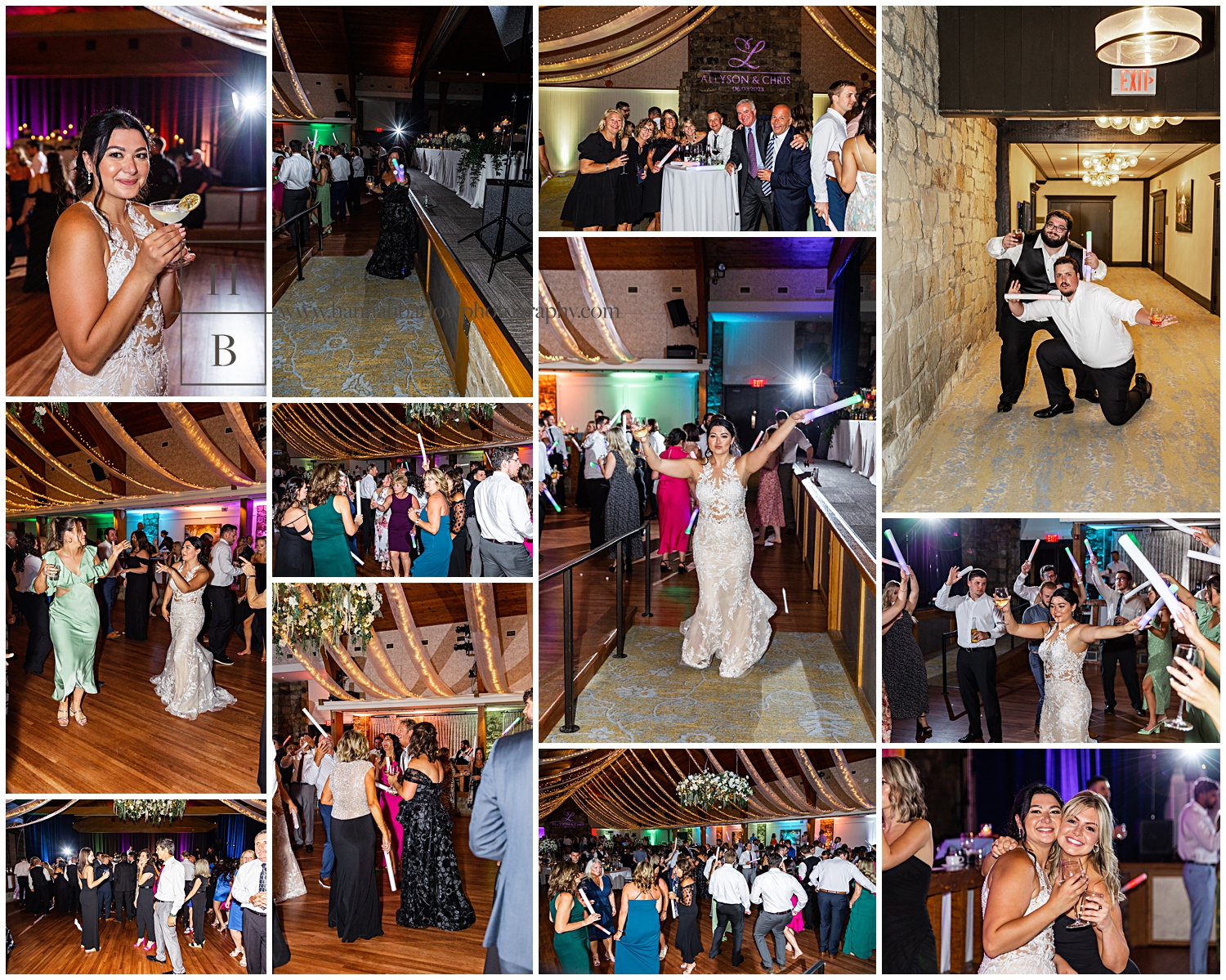Collage of open dance floor dancing at wedding reception with walls lit with multi colored uplighting.