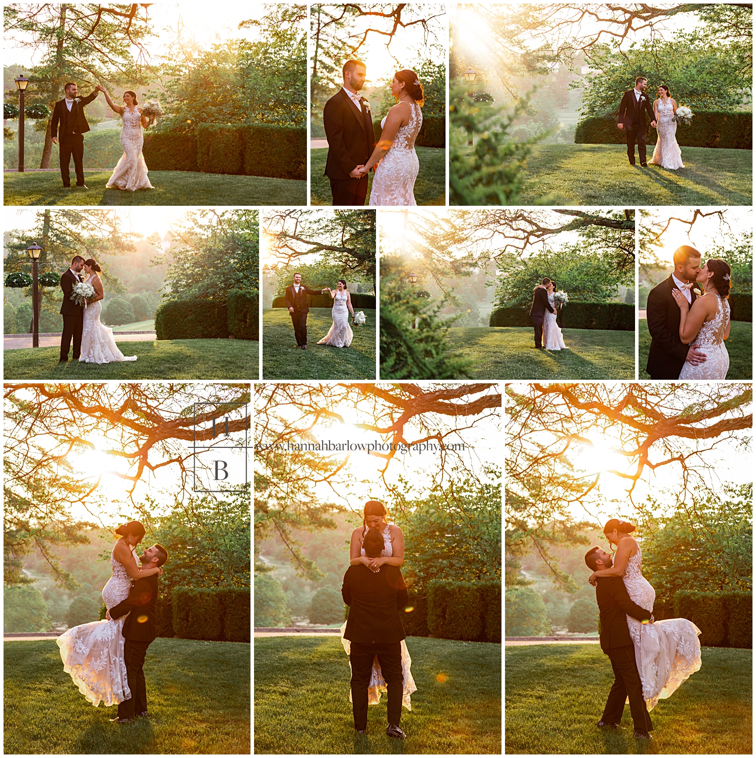 Wedding photos of couple during Golden hour under tree.