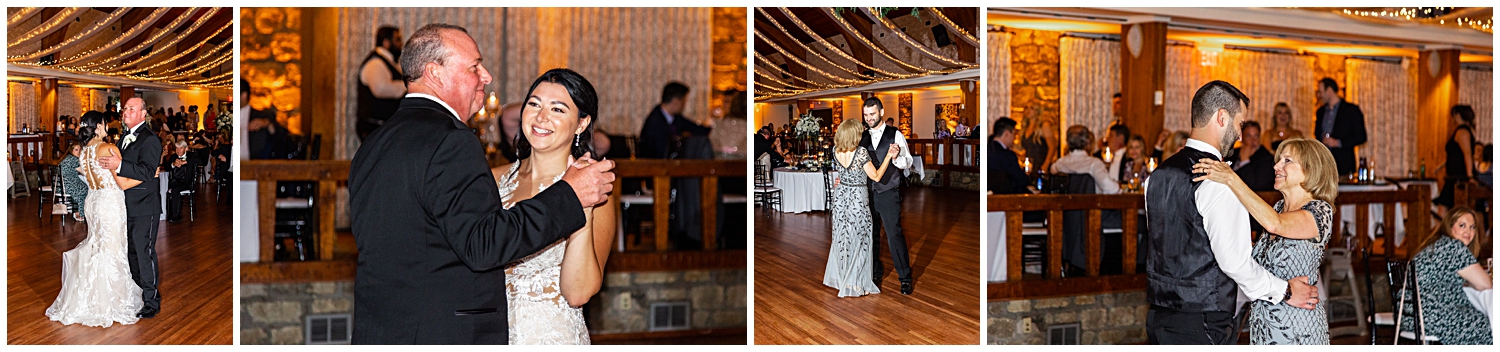 Bride dances with her dad and groom dances with his mom at ballroom reception.