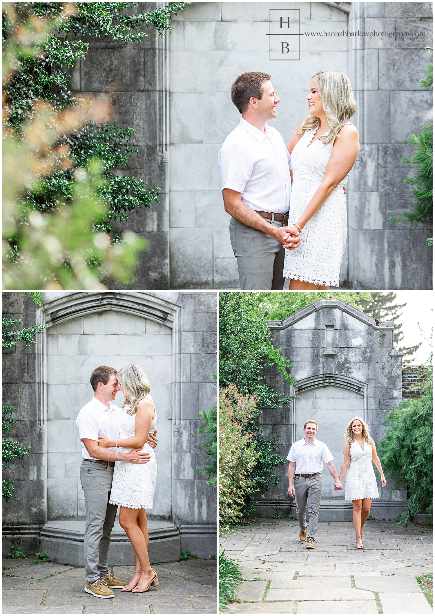 Couple stands in front of stone wall for engagement photos in June.