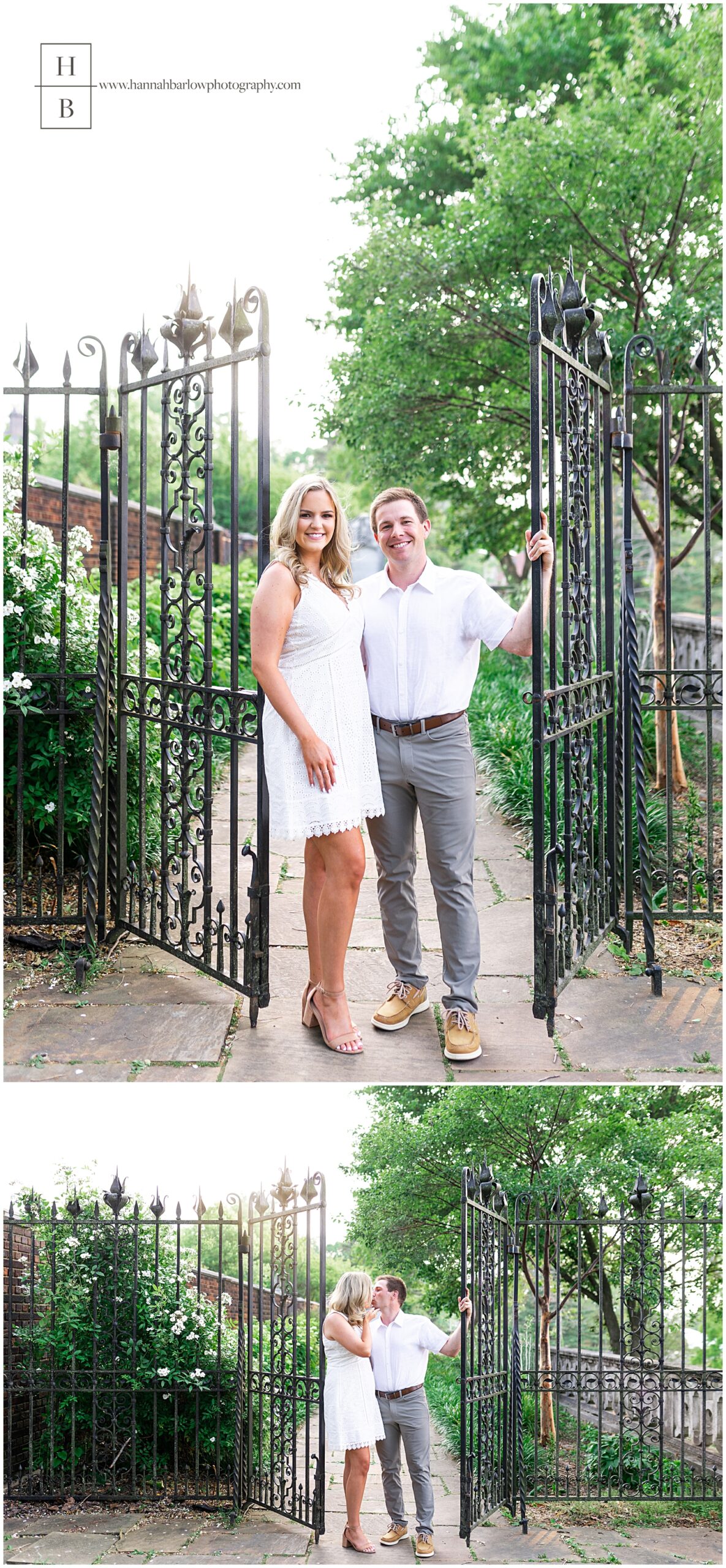 Collage of couple posing by black iron gates in Pittsburgh for engagement photos.
