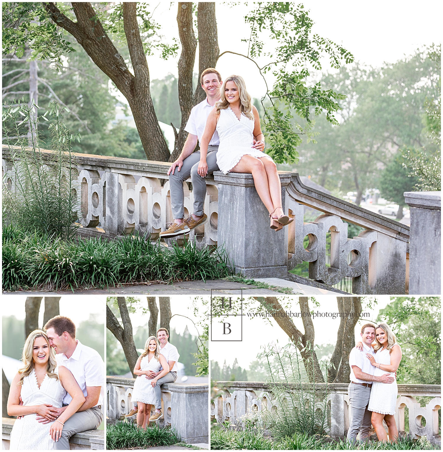 Lady in white dress with man in white shirt sits on stone wall and poses for engagement photos.