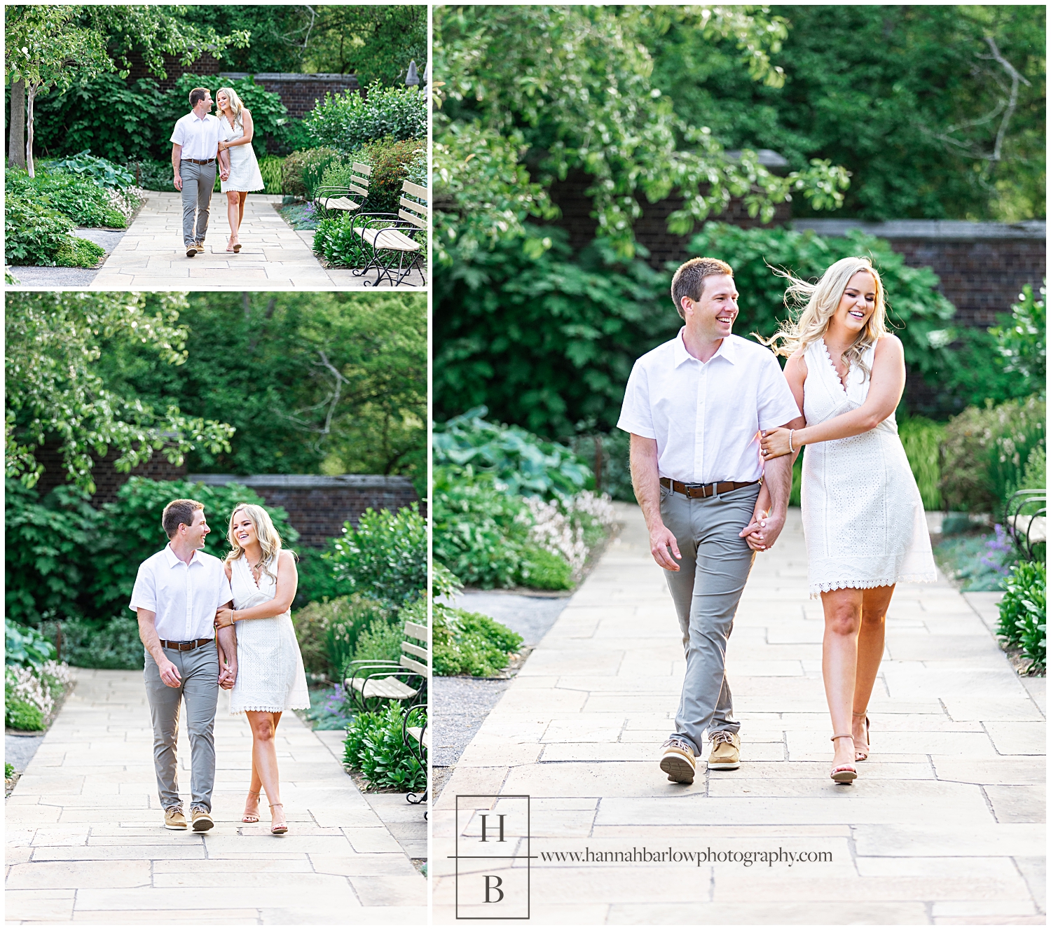 Couple walks and laughs holding on to one another for engagement photos.