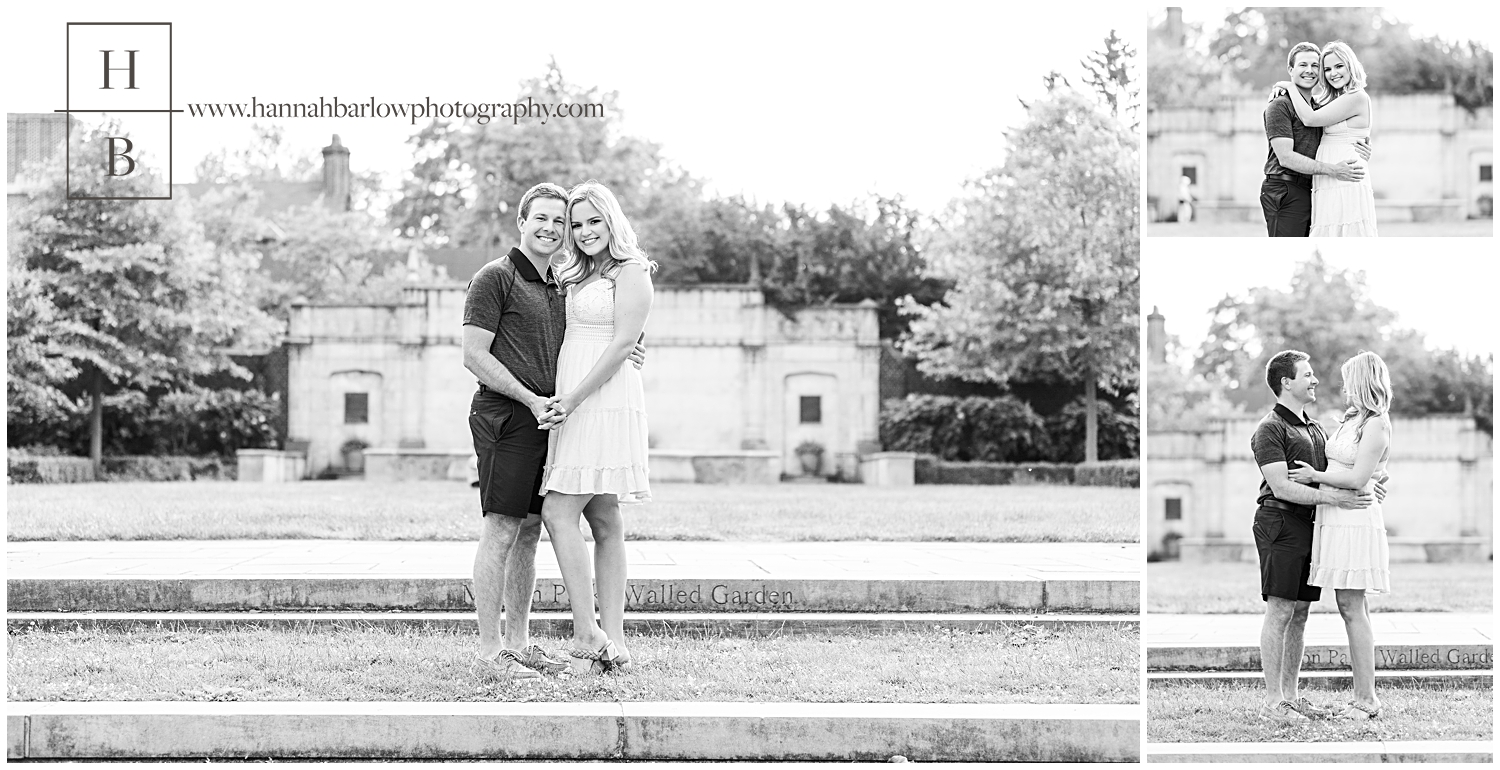 Black and white photos of couple posing in Mellon Park for engagement photos.