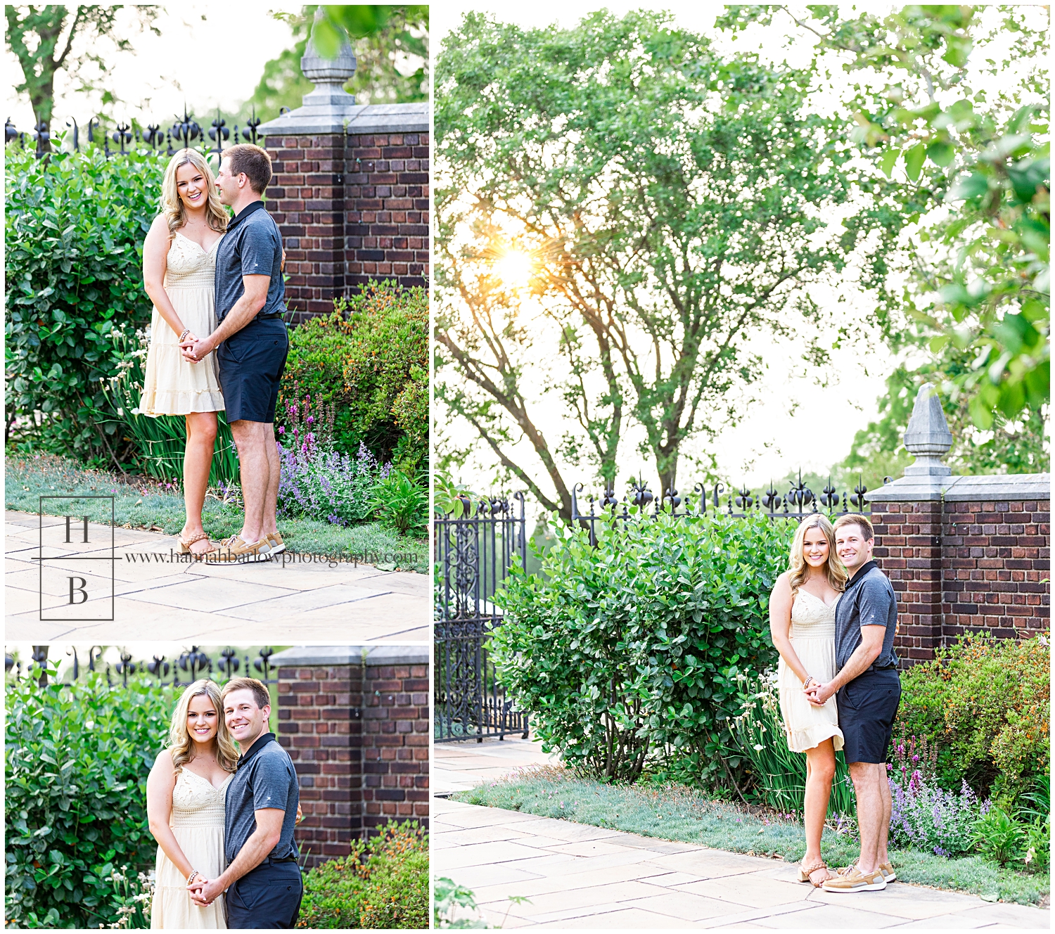 Couple stands and embraces one another during golden hour for engagement photos.