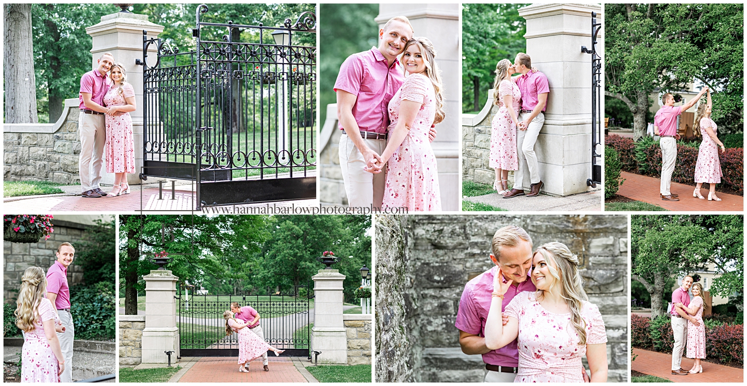 Collage of couple posing for pink outfit inspired engagement photos.
