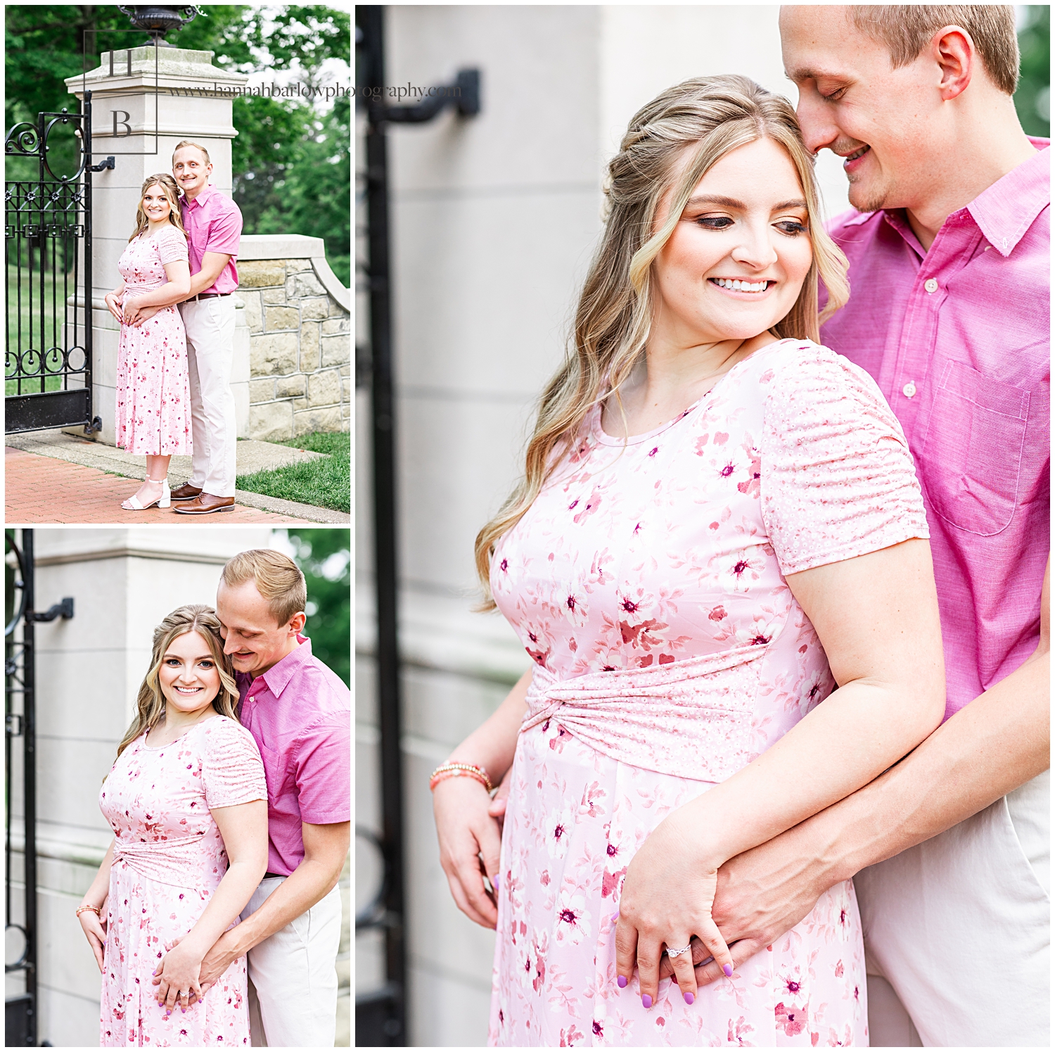 Man in pink shirt hugs fiancé from behind and holds her close for engagement photos.