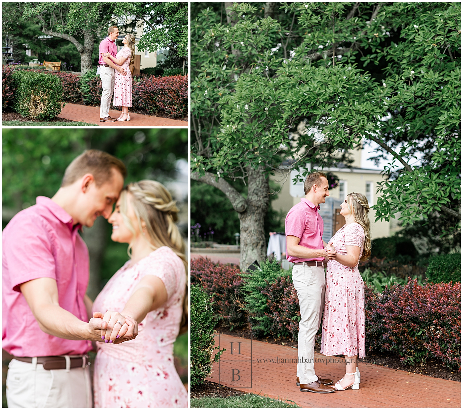 Man in pink shirt dances with fiancé in pink floral dress under tree for engagement photos.