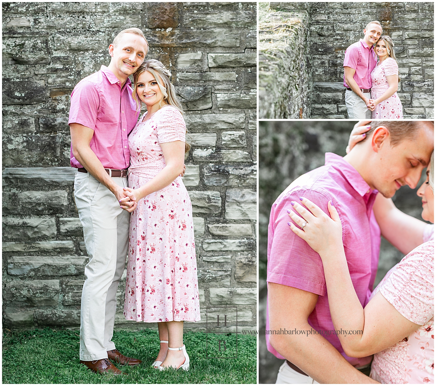 Couple dressed in pink stands by stone wall and poses for engagement photos.