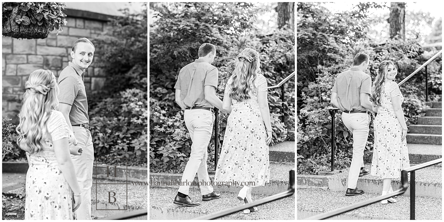 Black and white photos of couple walking up steps and smiling for engagement photos.