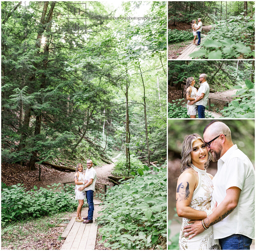 Couple poses close for intimate forest engagement photos.