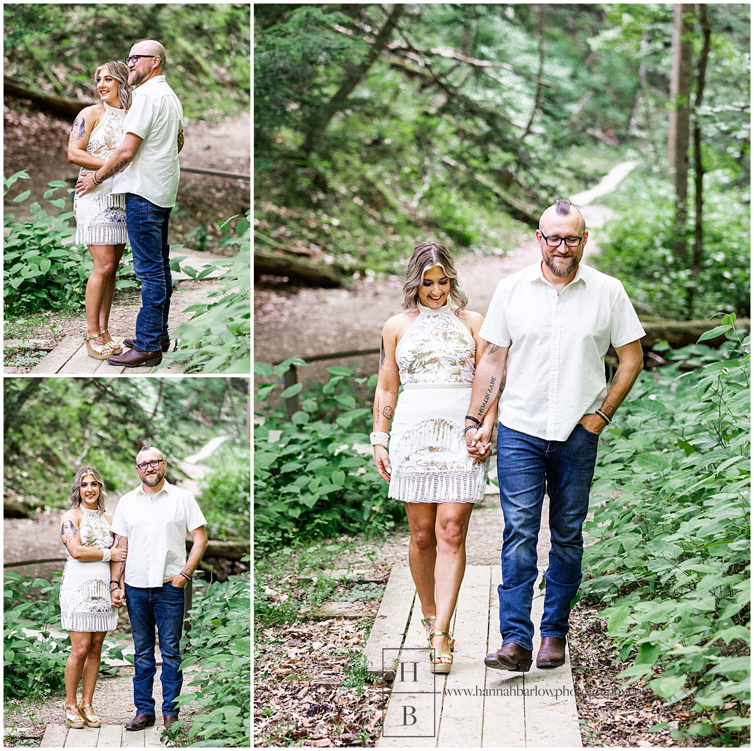 Couple walks on wooden bridge for engagement photos in forest.