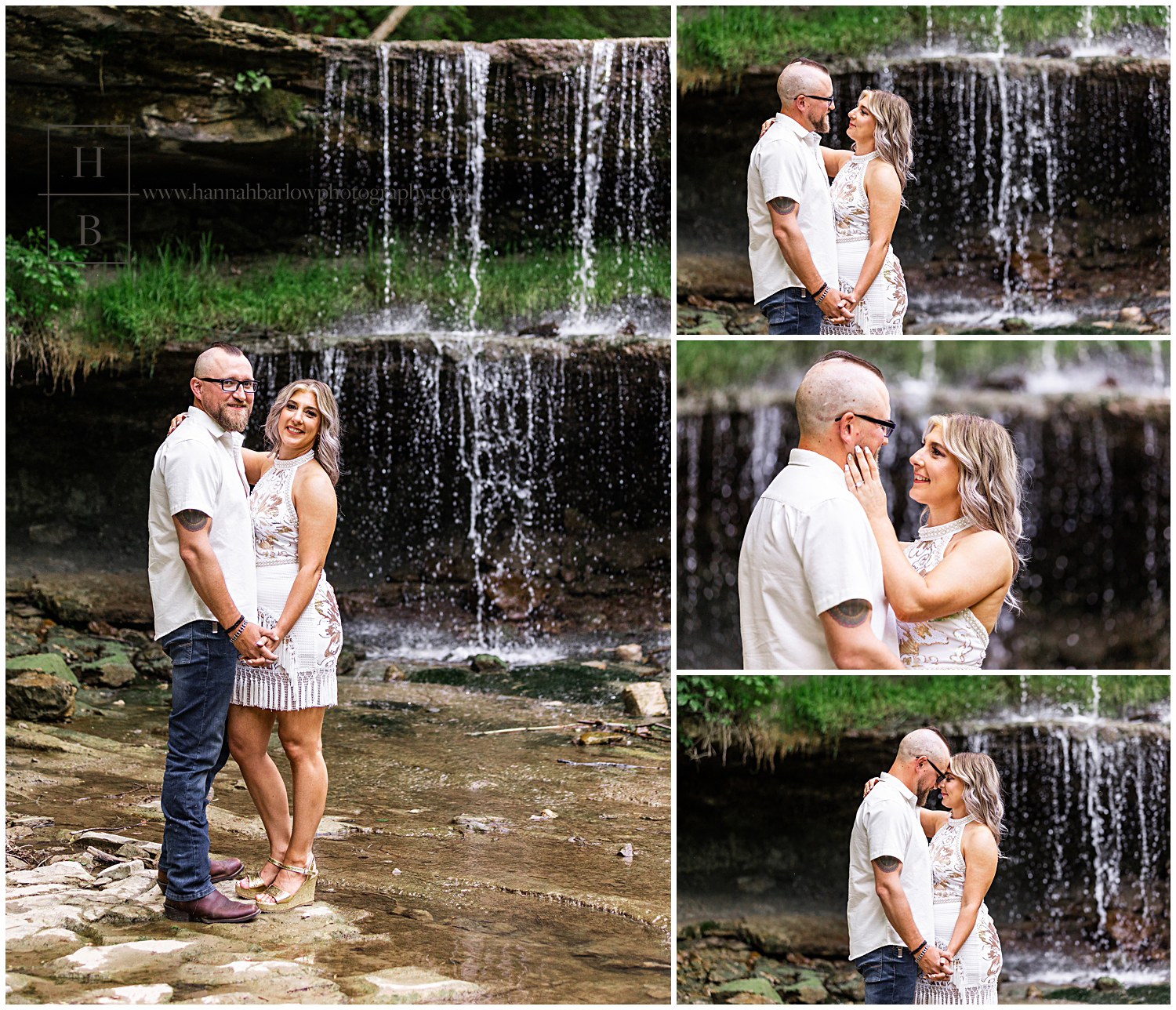Couple poses for waterfall engagement photos.