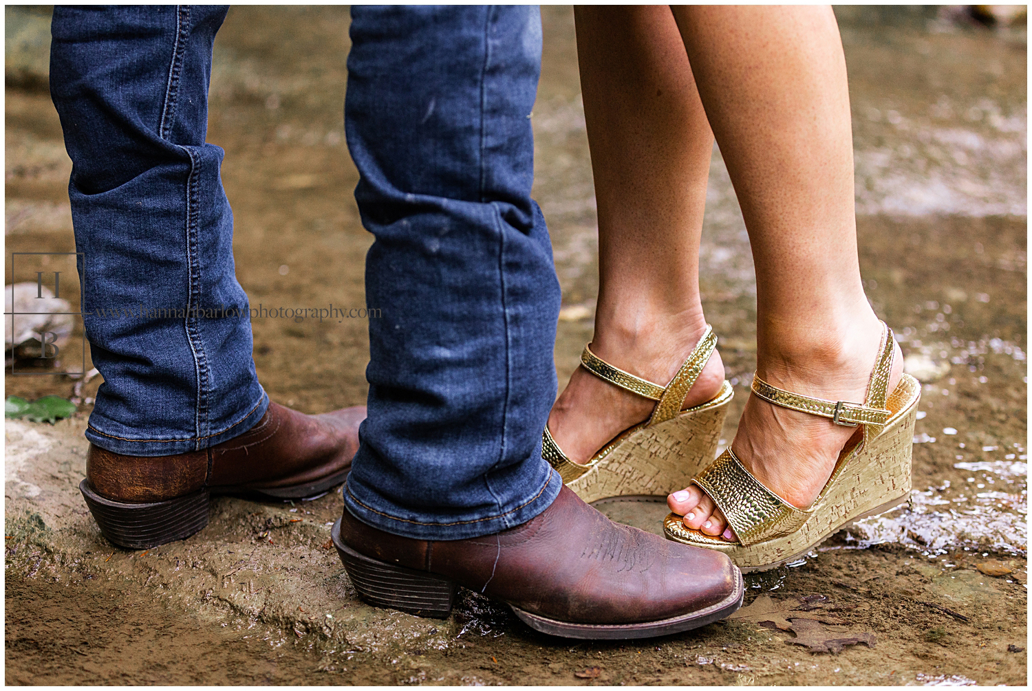 Couples feet are photographed boots and heels in creek.