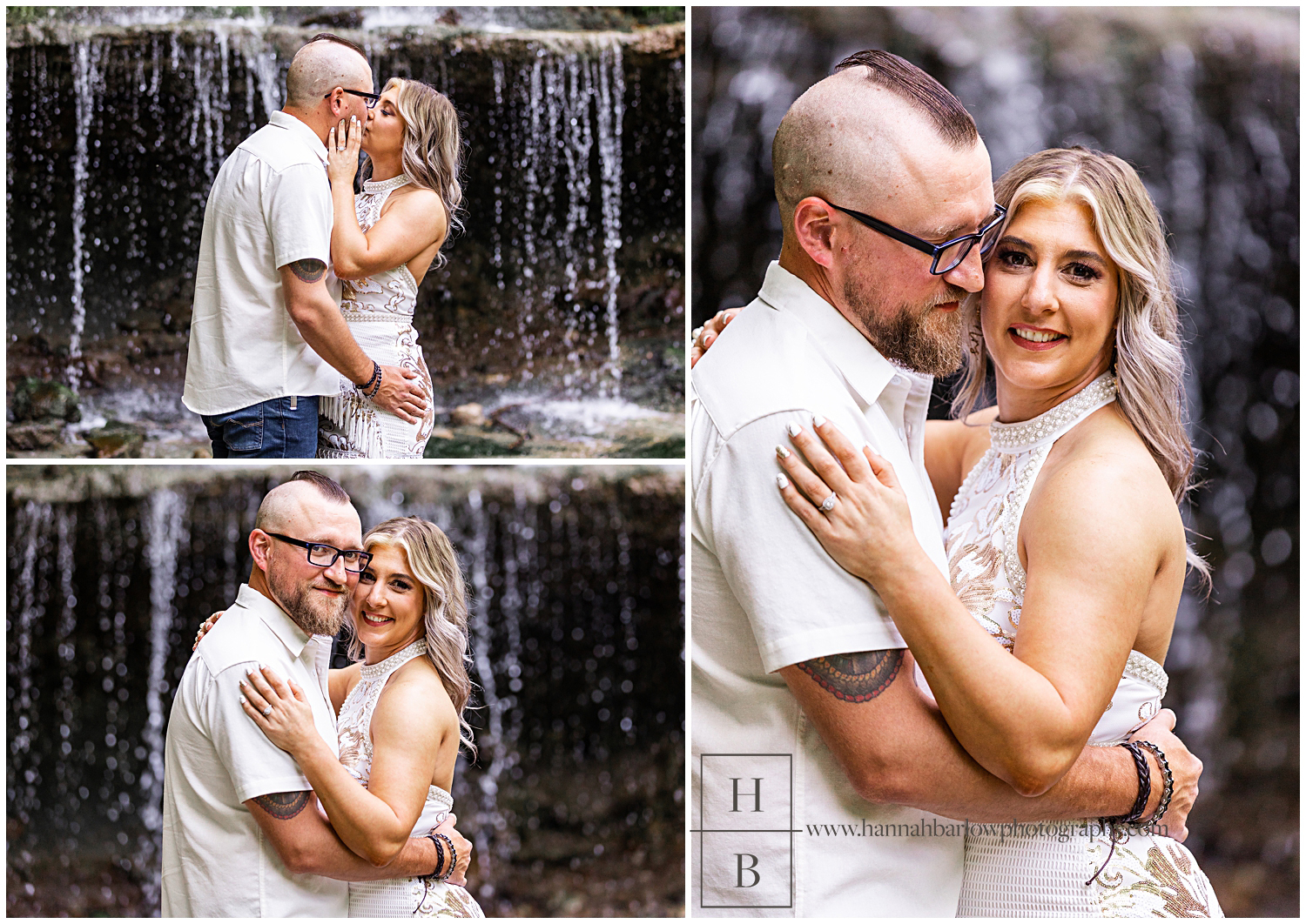 Couple poses by waterfall for engagement photos.