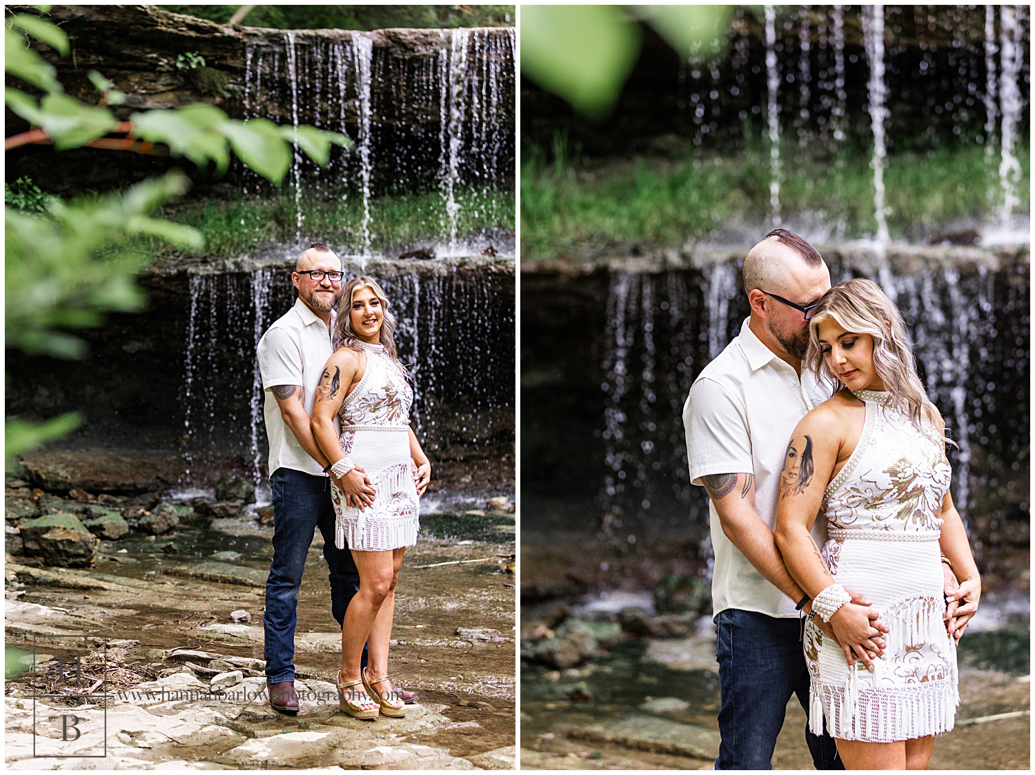 Couple snuggles and poses by waterfall for engagement photos.