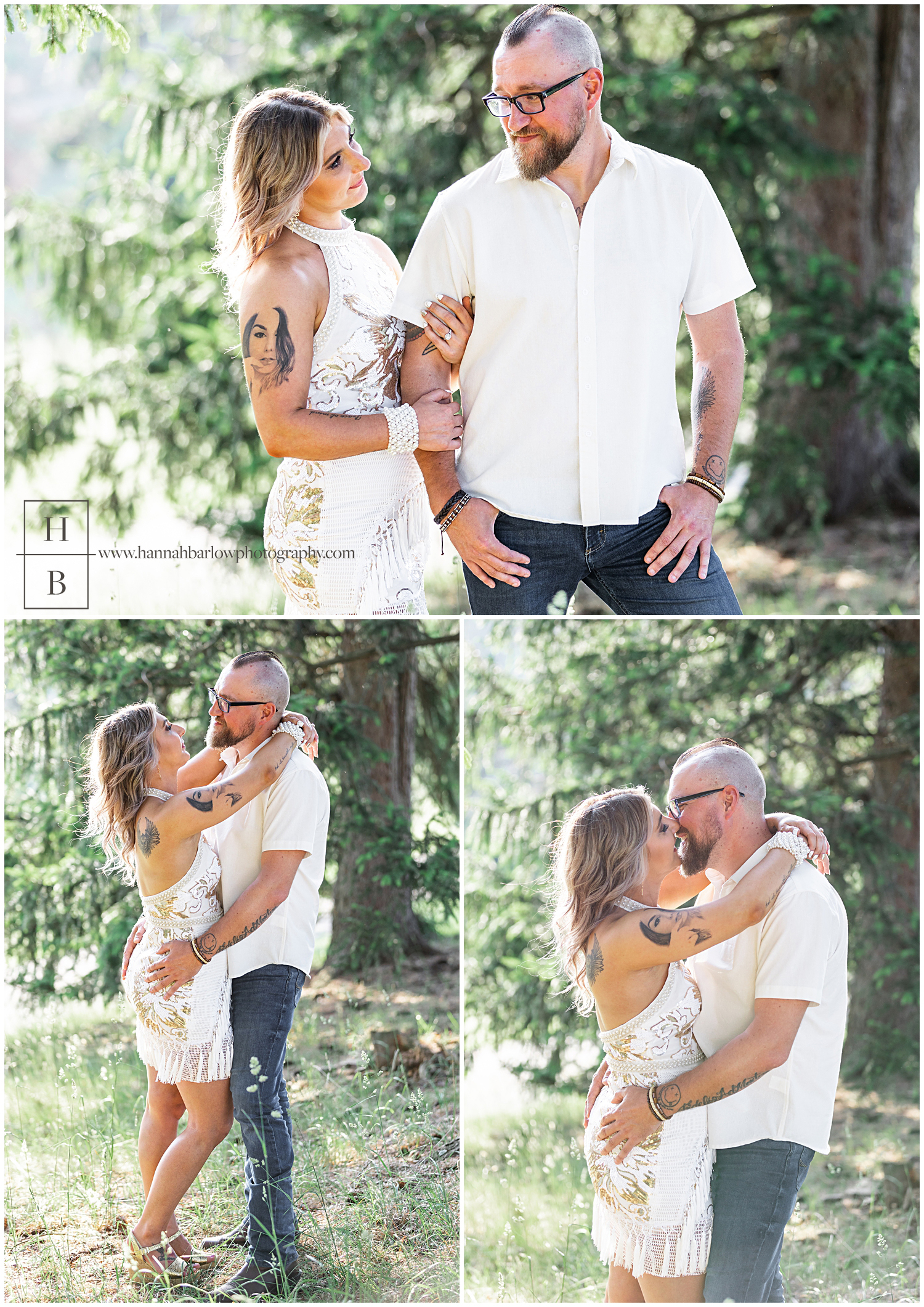 Couple poses in pine trees with warm glow of sun for engagement photos.