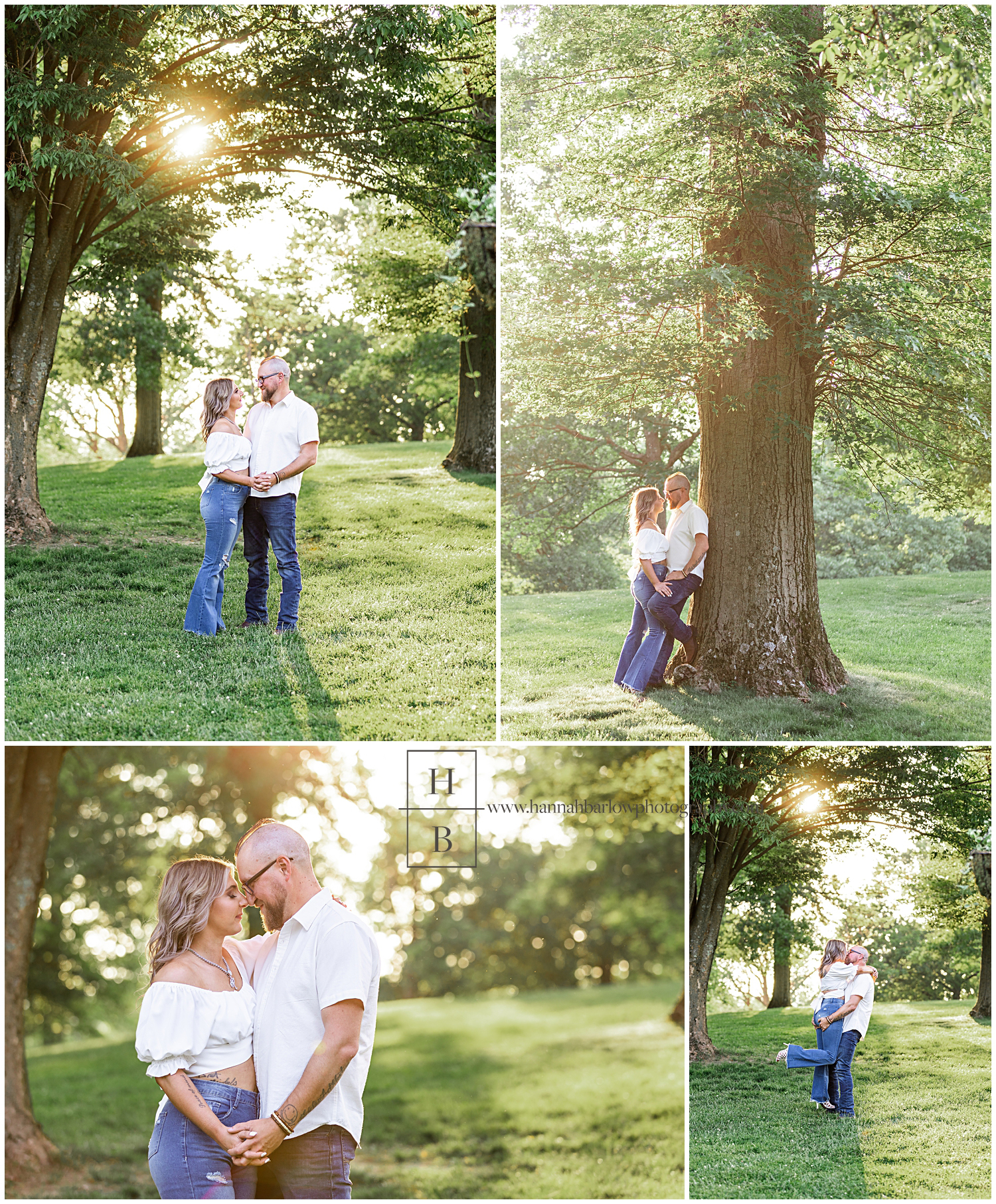 Couple poses in forest during warm golden hour sunset.