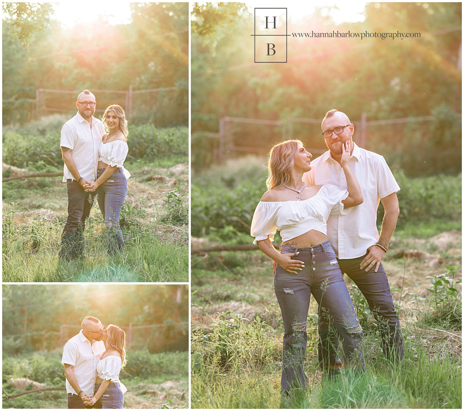 Lady in white silk crop top poses with fiance in a field during golden hour.