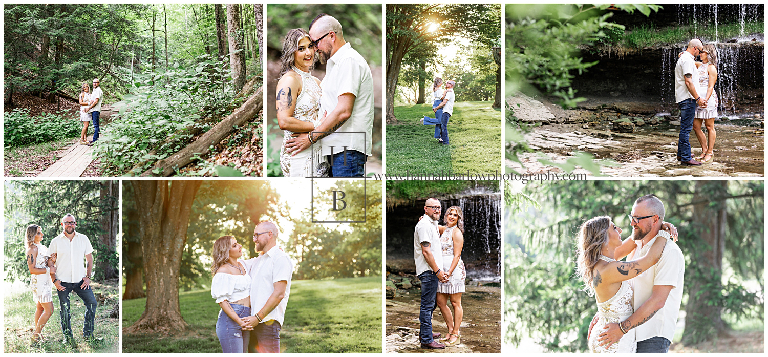 Collage of couple posing in green forest and waterfall for engagement phtoos.