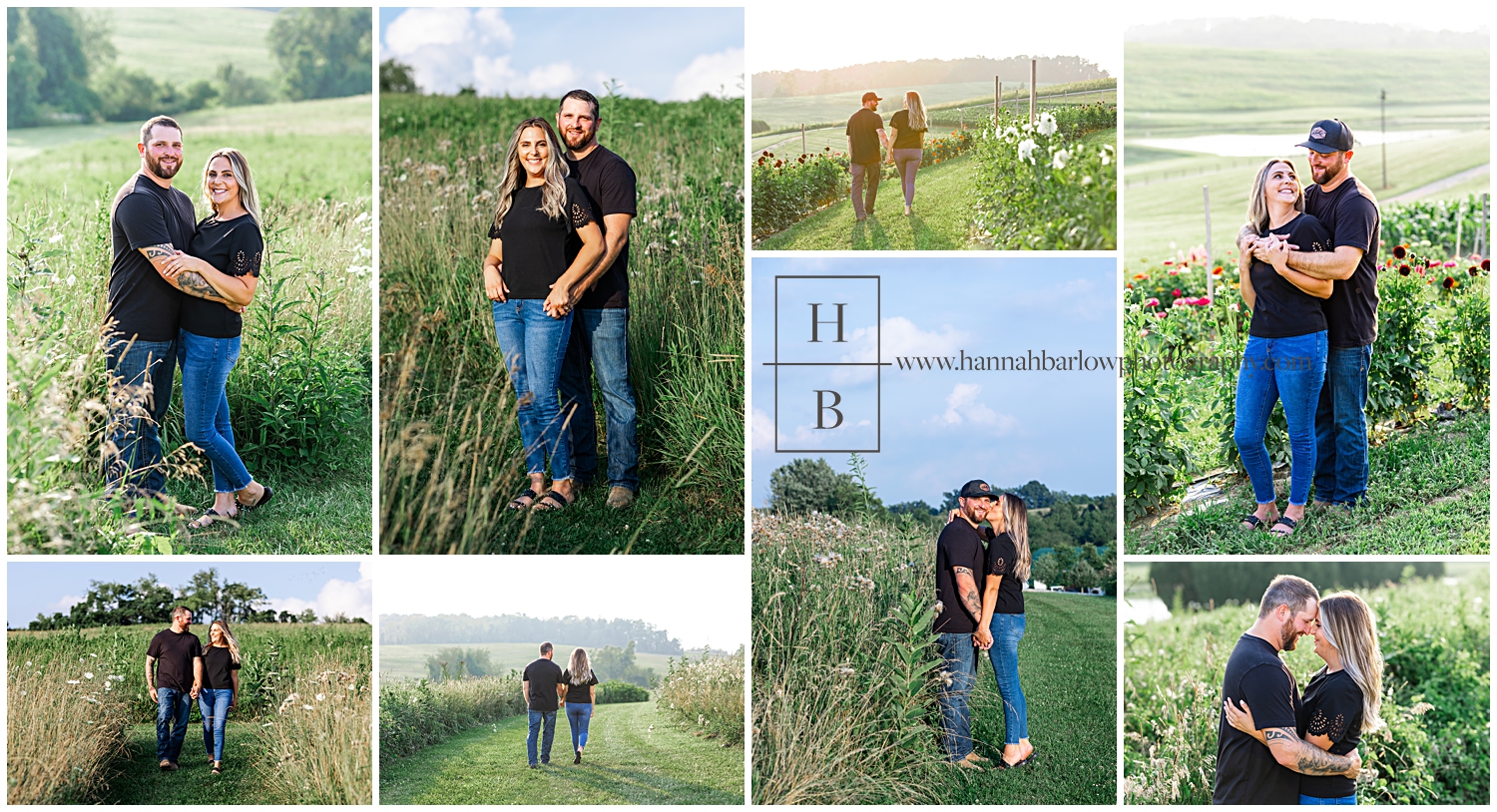 Collage of couple wearing black and posing in field for engagement photos.