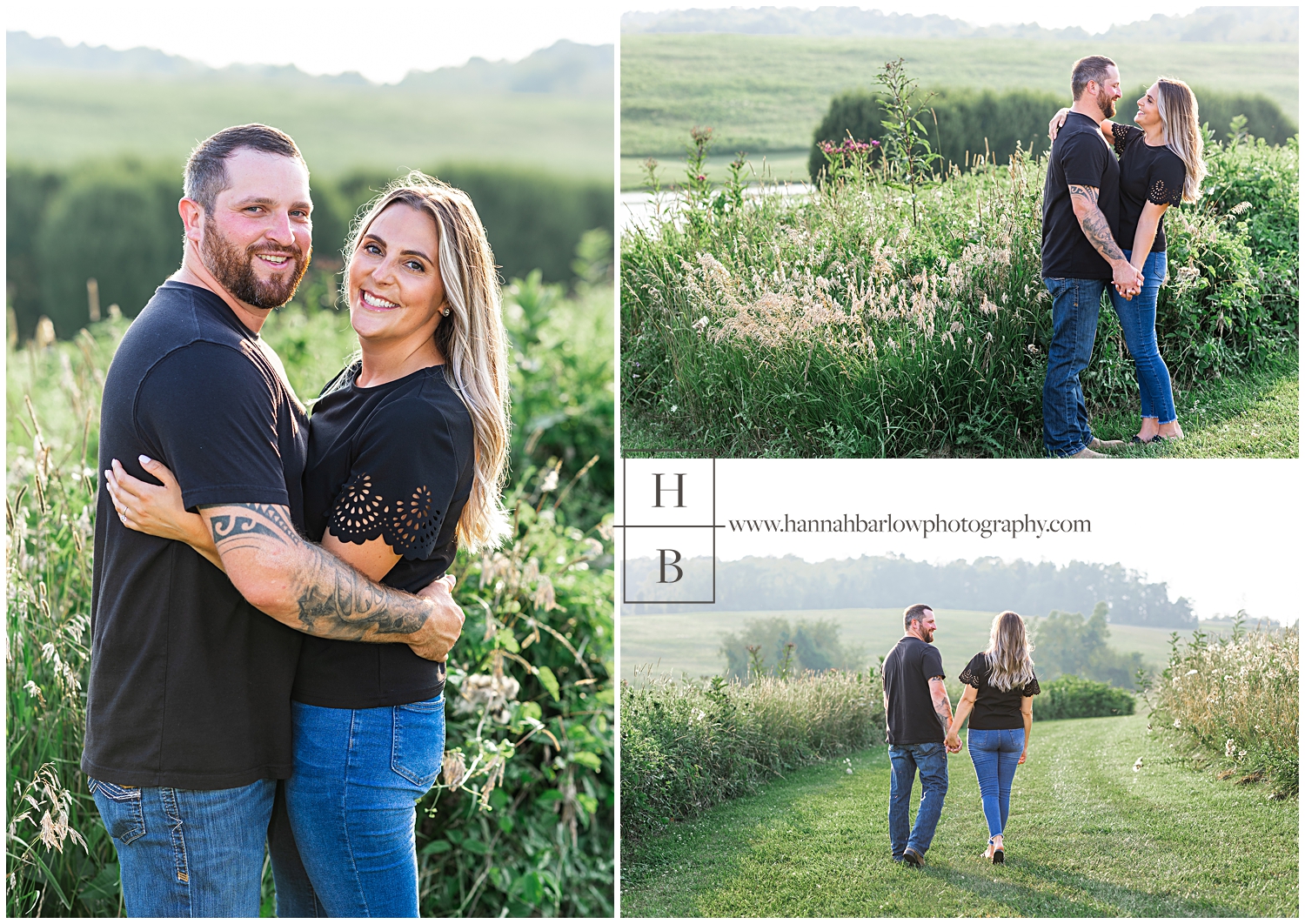 Couple embraces and walks in field with hazy backlight for engagement photos.