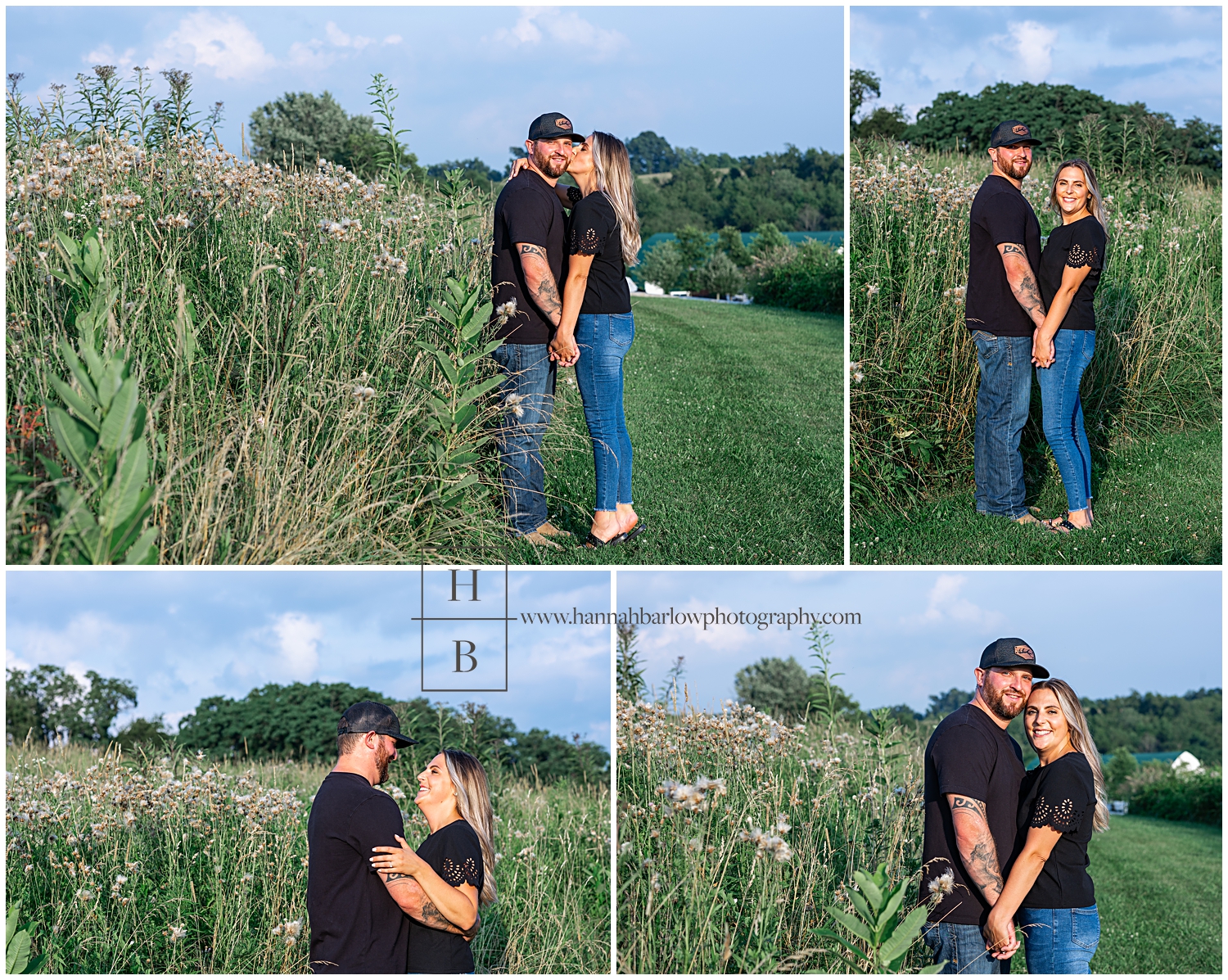 Couple poses for engagement photos with Bramblewood barn in background.