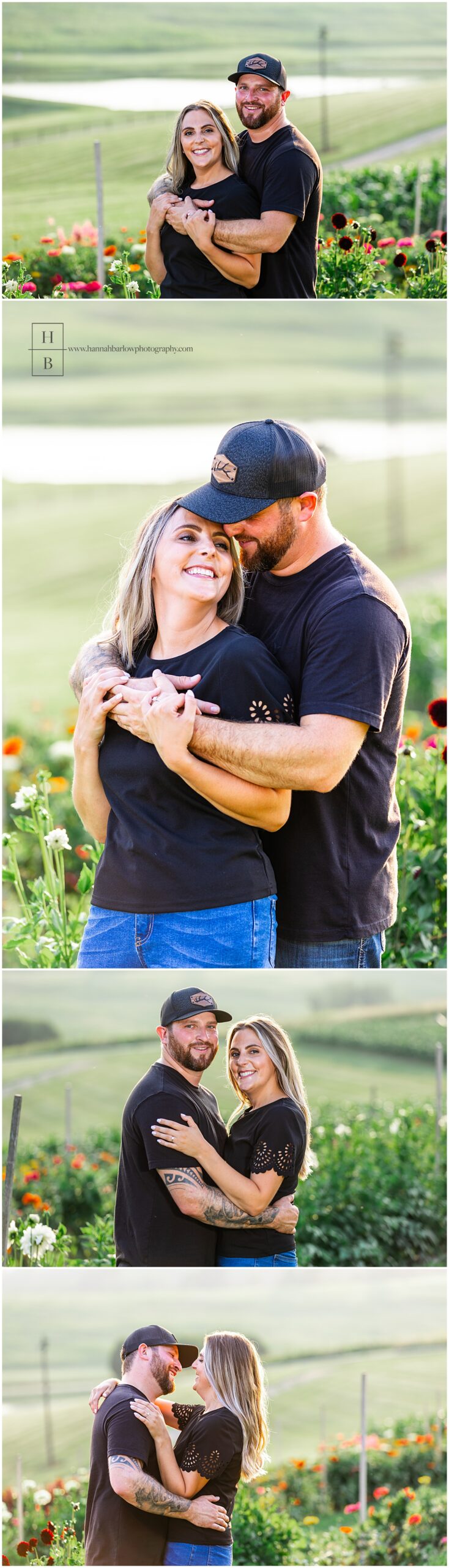 Couple poses in flower field wearing black for engagement photos.