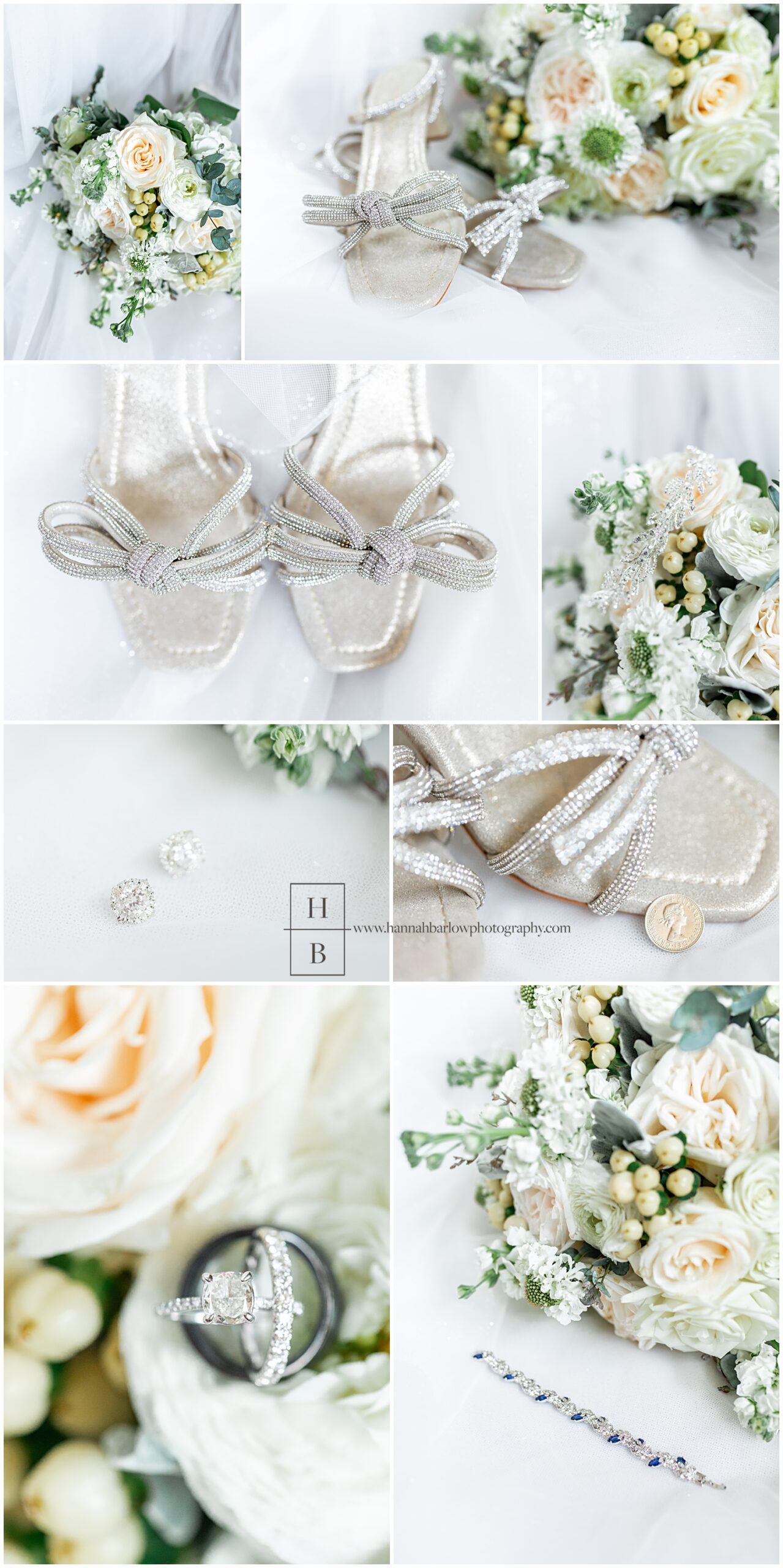 Bridal detail collage with white dress and glittery bow shoes.