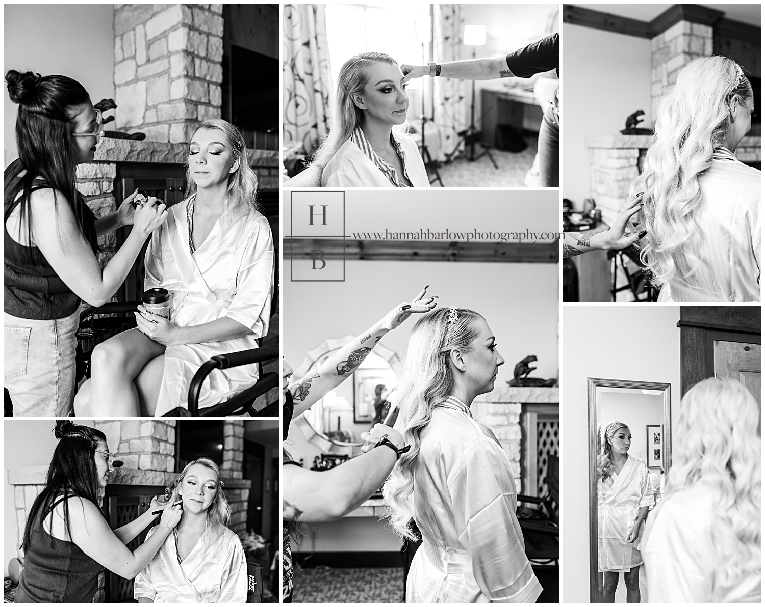 Black and white photos of bride getting hair and makeup done.